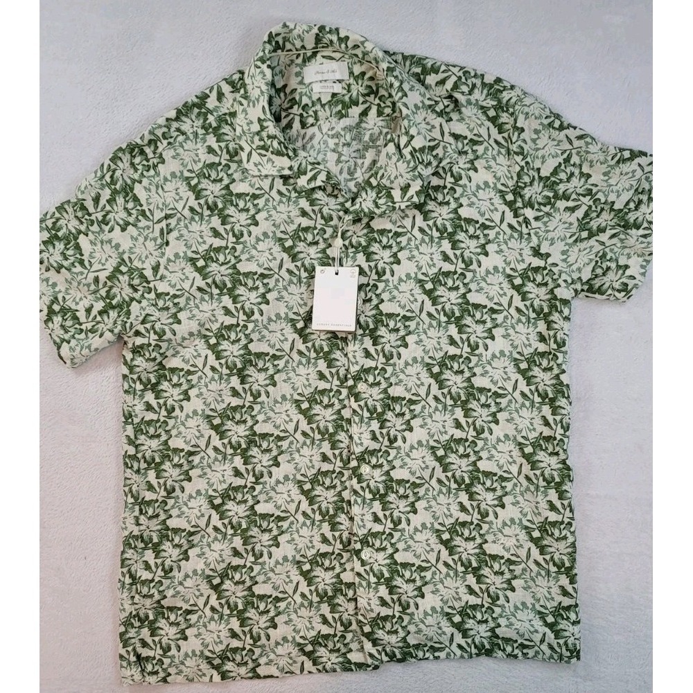 Porter‎ And Ash Men's L Green Floral Linen Button Up Polo